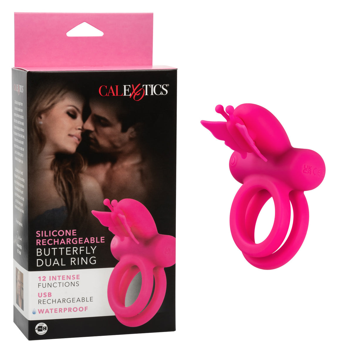 CalExotics Silicone Rechargeable Pink Butterfly Dual Ring with 12 Vibration Functions and Waterproof Design Pink Cockrings