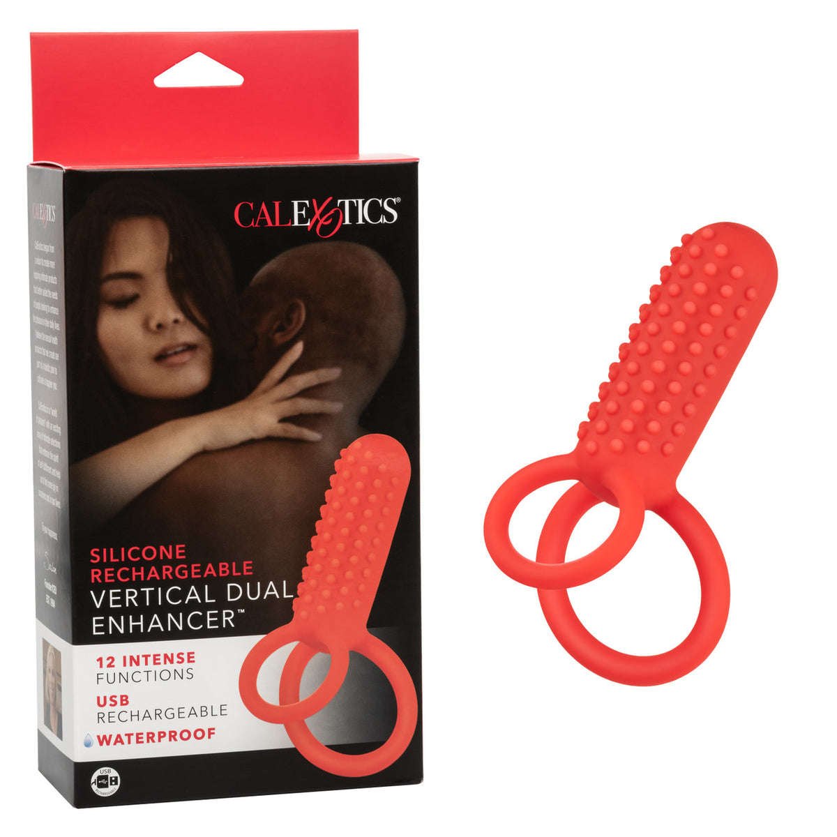 CalExotics Silicone Rechargeable Vertical Dual Enhancer Red Waterproof with 12 Intense Vibration Functions Red Cockrings