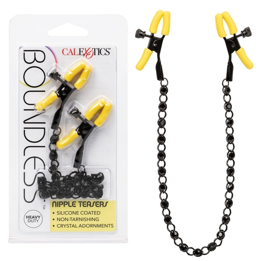 Boundless Nipple Teasers Adjustable Black Chain with Yellow Silicone Coated Clamps and Crystal Adornments Yellow Nipple Stimulators