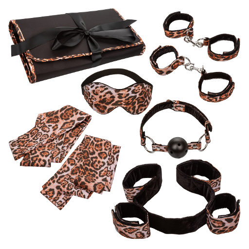 Unleashed Surrender Set Animal Print 8-Piece Travel-Ready Kink Kit with Adjustable Cuffs, Eye Mask, Ball Gag, Spreader Bar, and Roll-Up Case Default Title BONDAGE-KITS