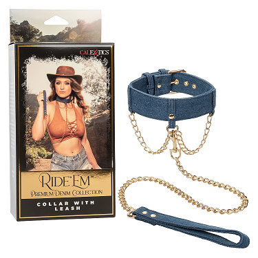 Ride 'Em Premium Denim Collection Collar With Leash in Blue Denim with Gold Chains, Adjustable Size Default Title > Bondage Gear > Collars