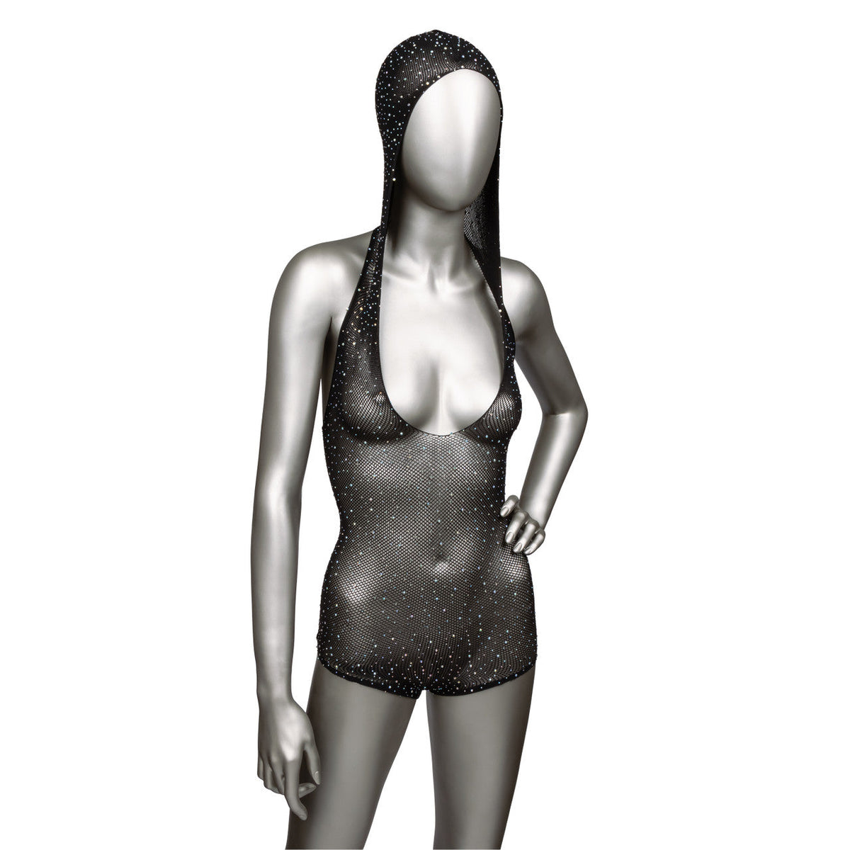 Radiance Hooded Deep V Bodysuit Black Sheer Mesh with Rhinestone Accents, One Size > Clothes > Bodies and Playsuits