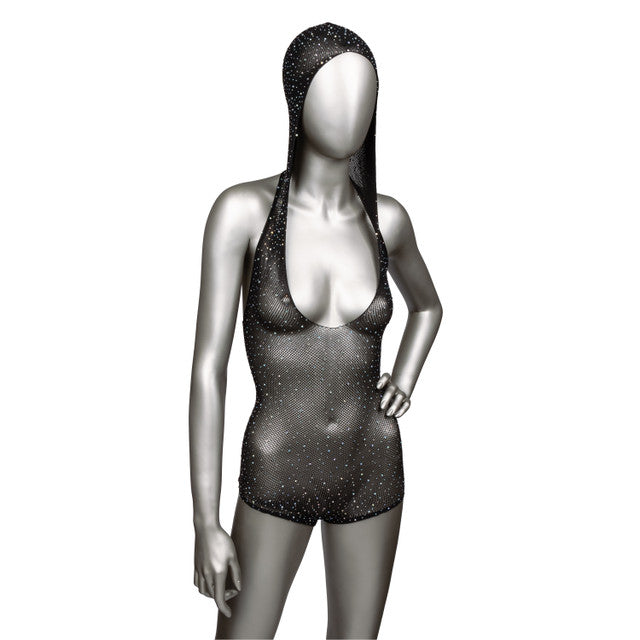 Radiance Plus Size Hooded Deep V Black Mesh Rhinestone Bodysuit > Clothes > Bodies and Playsuits