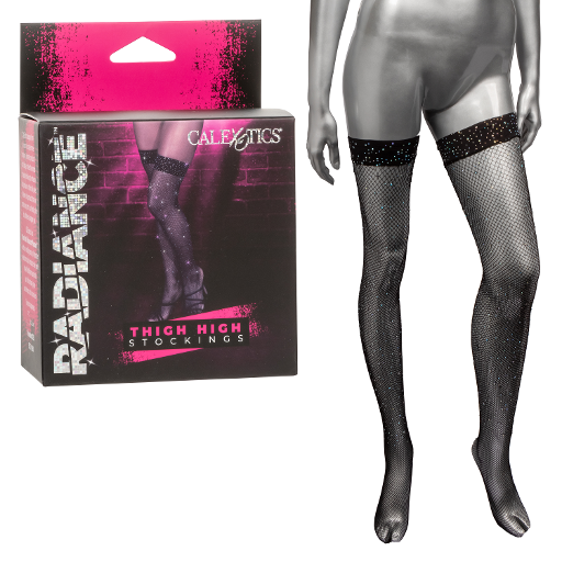 Radiance Black Rhinestone Mesh Thigh High Stockings with Stay-Up Support - One Size Default Title > Clothes > Hosiery > Stockings