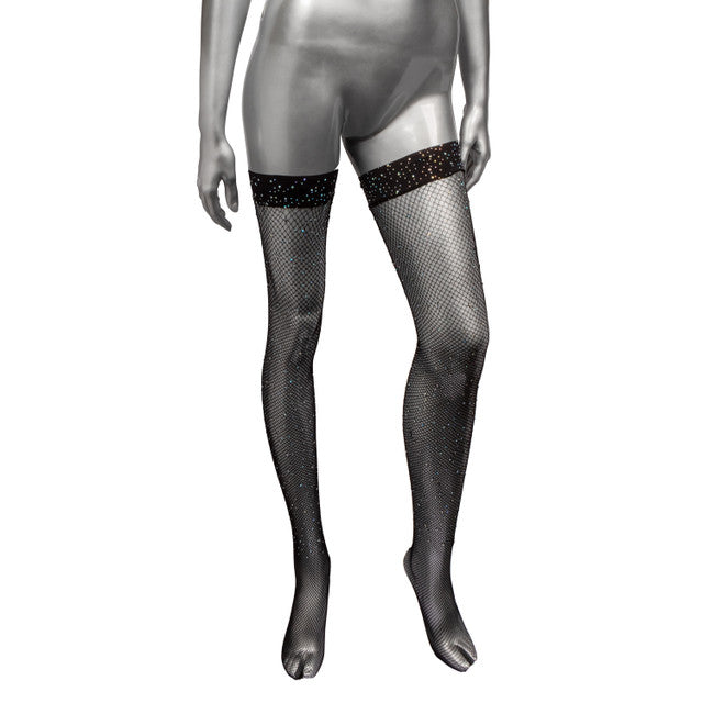 Radiance Black Rhinestone Mesh Thigh High Stockings with Stay-Up Support - One Size > Clothes > Hosiery > Stockings