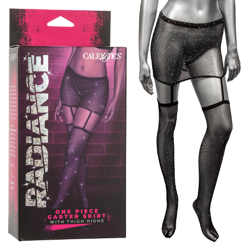 Radiance One Piece Garter Skirt With Rhinestone Accents and Thigh High Black Fishnet Stockings Default Title Hosiery