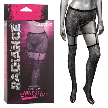 Radiance One Piece Plus Size Black Garter Skirt with Rhinestone Accents and Thigh Highs, Fits Up to 3X Default Title Hosiery