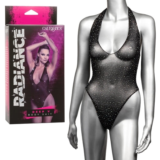 Radiance Deep V Black Rhinestone Mesh Body Suit One Size Black Bodystocking