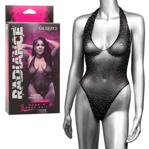Radiance Plus Size Deep V Black Rhinestone Mesh Body Suit Size Up to 3X Black > Clothes > Plus Size Lingerie