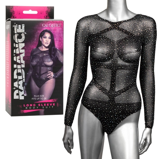 Radiance Plus Size Long Sleeve Black Mesh Rhinestone Body Suit Fits Up To 3X Black > Clothes > Plus Size Lingerie