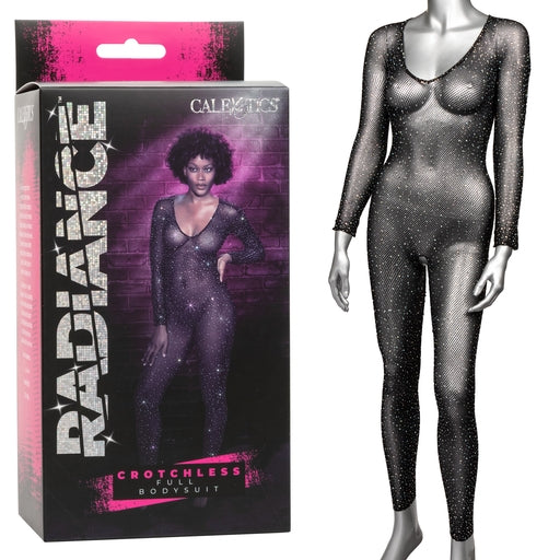 Radiance Crotchless Full Body Suit Black Mesh with Rhinestones, One Size Black Bodystocking