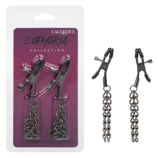 Euphoria Collection Black Chain Adjustable Nipple Clamps with Soft Pads Black Nipple Stimulators