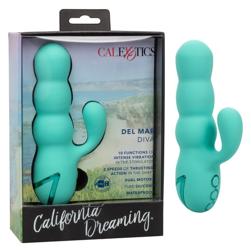 California Dreaming Del Mar Diva Teal Silicone Dual Motor Massager with 10 Vibration Functions and 3 Thrusting Speeds, Rechargeable and Waterproof, 7.5 Inches Default Title VIBRATORS-RABBIT-MULTI