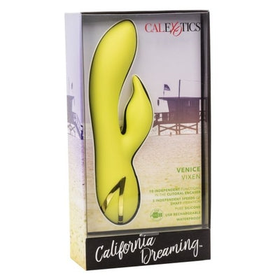 California Dreaming Venice Vixen Yellow Rechargeable Silicone Massager with 10 Vibration Functions and Waterproof Design VIBRATORS-RABBIT