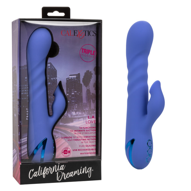 California Dreaming LA Love Blue Silicone Triple Motor Rechargeable Massager with 10 Functions of Intimate Suction and 3 Speeds of Vibration and Thrusting Blue VIBRATORS-RABBIT-MULTI
