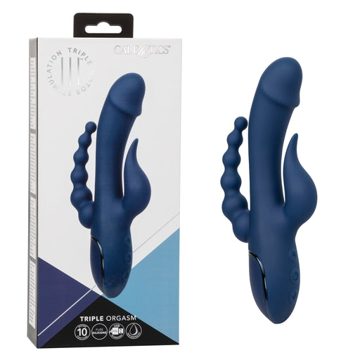 III Triple Orgasm Blue Triple Action Rechargeable Silicone Massager with Vibrating Shaft, Beaded Tail, and Contoured Stimulator Default Title VIBRATORS-RABBIT-MULTI