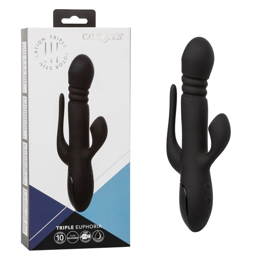 III Triple Euphoria Rechargeable Black Silicone Triple Action Massager with Thrusting Shaft, Vibrating Backdoor Teaser, and Clitoral Suction Stimulator Black VIBRATORS-RABBIT-MULTI
