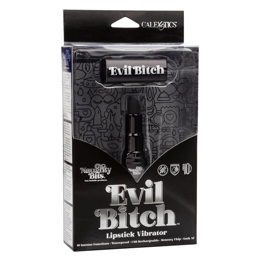 Naughty Bits Evil Bitch Black Lipstick Vibrator 4-Inch Rechargeable Waterproof Silicone Massager Black STIMULATORS