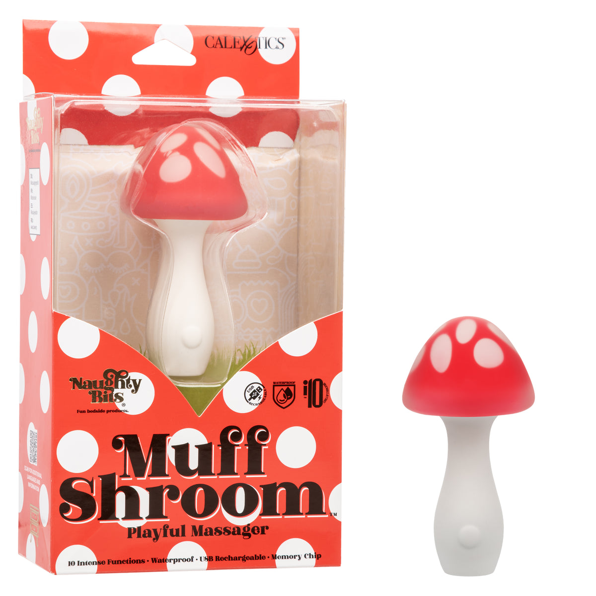 Naughty Bits Muff Shroom Playful Massager Red and White Silicone 10 Intense Functions USB Rechargeable Waterproof Red Electric Massager