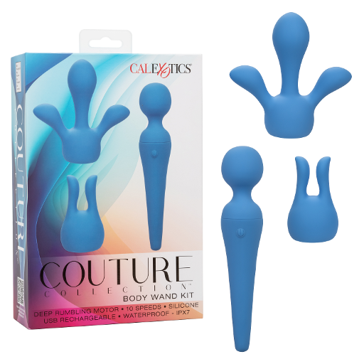 Couture Collection™ Body Wand Kit Blue Silicone USB Rechargeable Waterproof with Dual and Triple Teaser Attachments Blue Electric Massager