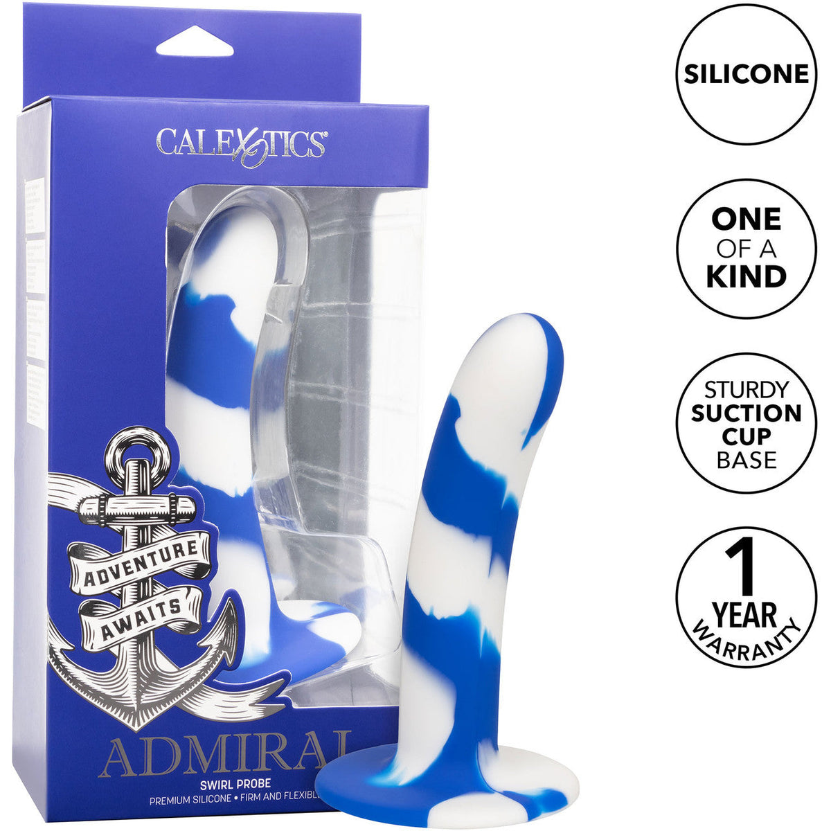Admiral Swirl Probe Blue and White Premium Silicone 6 Inch Curved Design with Suction Cup Base > Dildos > Neutral Dildos