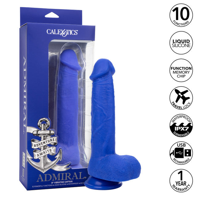 Admiral 8 Inch Vibrating Captain Blue Liquid Silicone Dong with Suction Cup and 10 Vibration Functions > Vibrators > Realistic Vibrators