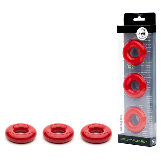 Sport Fucker Rubber Donut Cockring Set of 3 Red 5 Inch Stretch