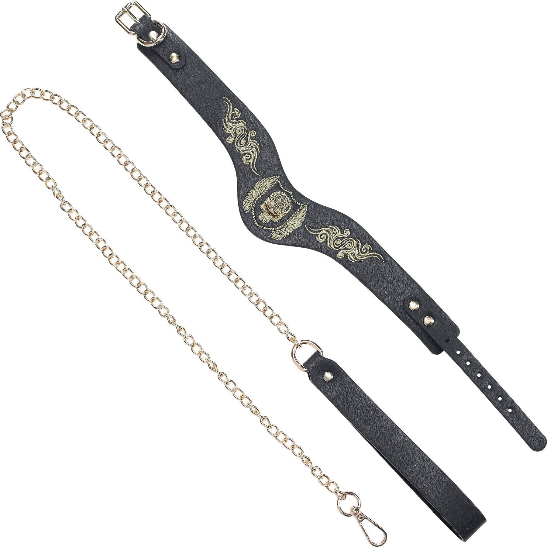 Ouch London Collection Collar with Leash Black PU Leather with Gold Embroidery and Iridescent Hardware Secondary image
