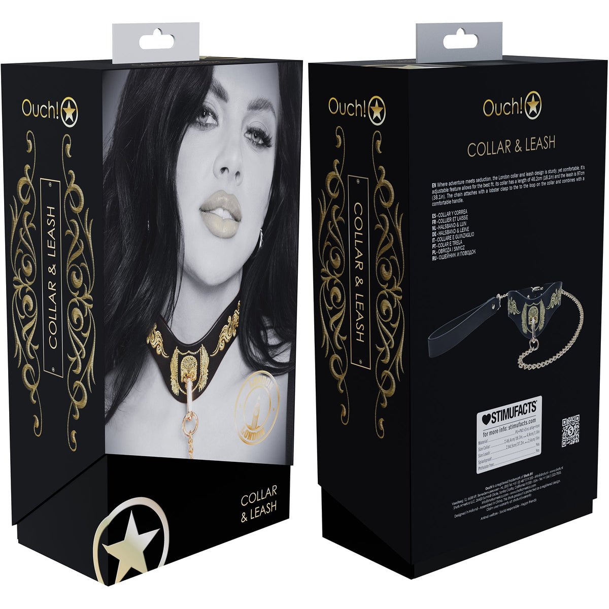 Ouch London Collection Collar with Leash Black PU Leather with Gold Embroidery and Iridescent Hardware > Bondage Gear > Collars & Leashes