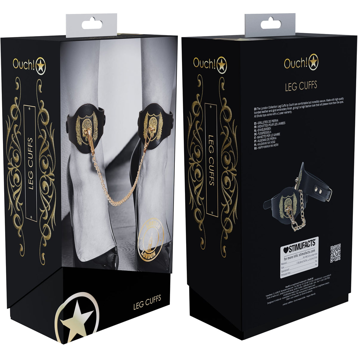 Ouch London Collection Leg Cuffs Black PU Leather with Iridescent Gold Chain > Bondage Gear > Restraints