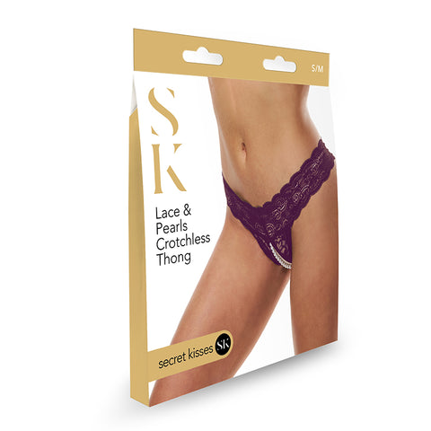 Secret Kisses Lace and Pearls Crotchless Thong Purple S/M Size Lingerie