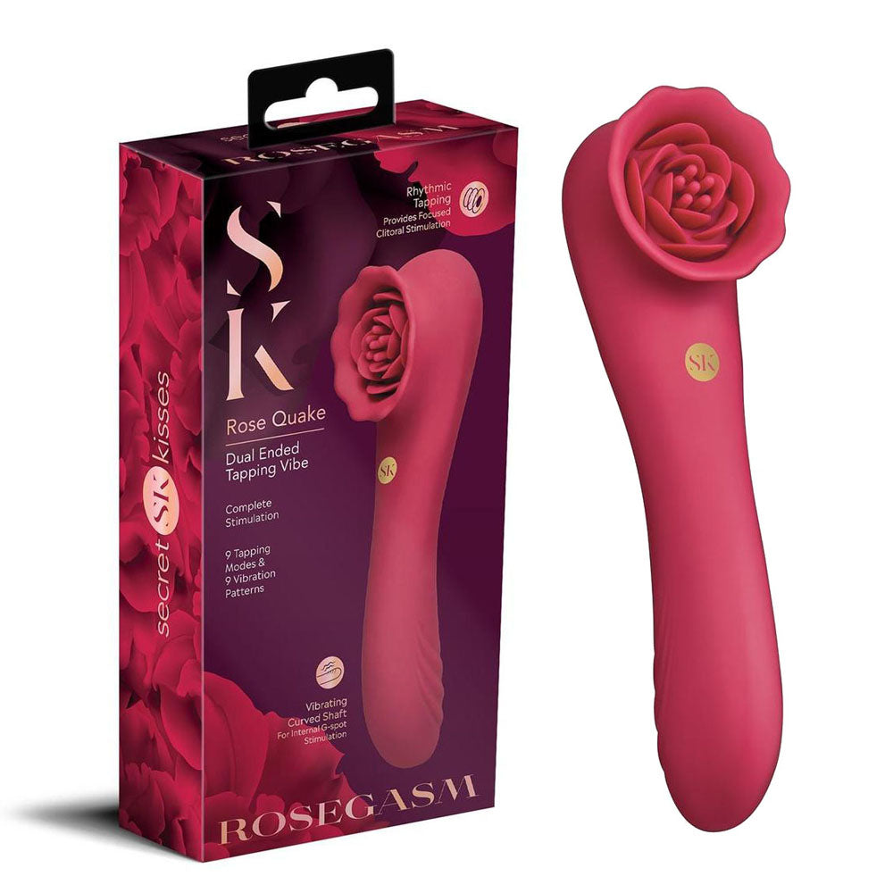 Secret Kisses Rosegasm Rose Quake – Waterproof USB Rechargeable Dual Ended Tapping Vibrator 18.8 cm Red Rose Stimulators