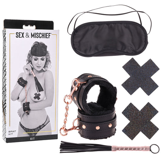 Sex & Mischief Brat Kit with Wrist Restraints and Flogger