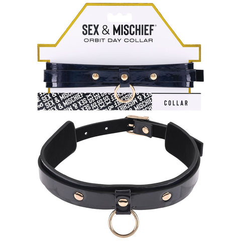 Sex and Mischief Orbit Day Collar in Rainbow Pearlescent Faux Leather Black Restraints