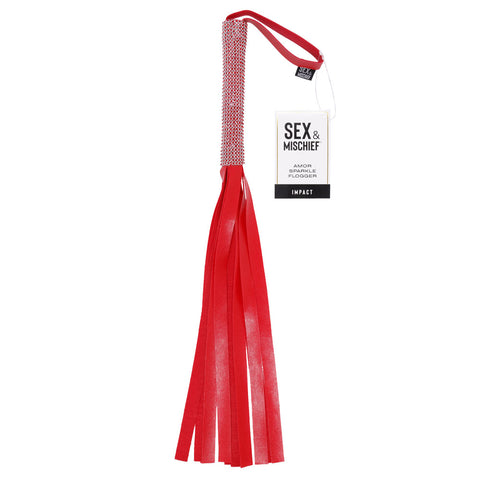 Sex & Mischief Amor Sparkle Flogger 33cm Red Vegan Leather Red Whips & Paddles