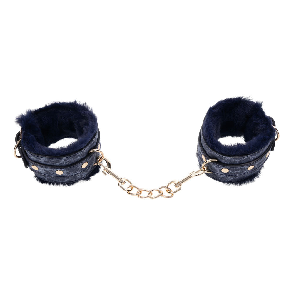 Sex & Mischief Cougar Fur Handcuffs - Navy /Gold