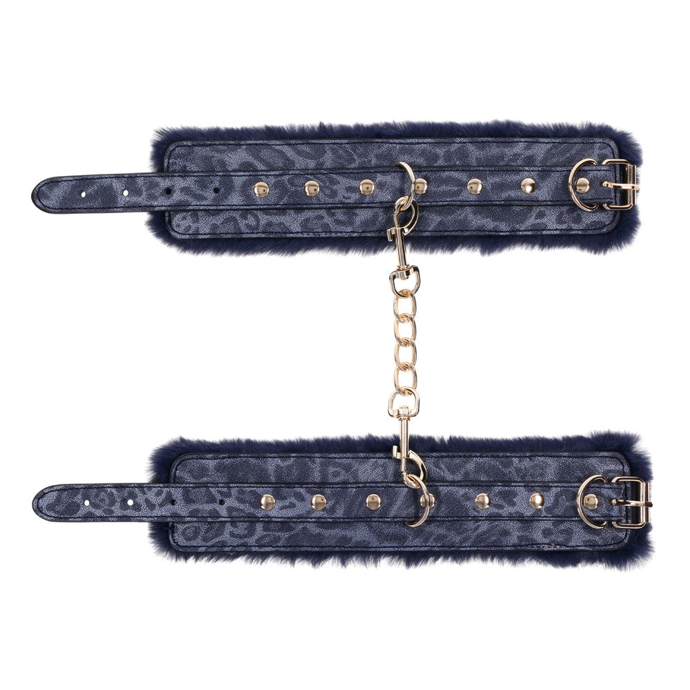 Sex & Mischief Cougar Fur Handcuffs - Navy /Gold