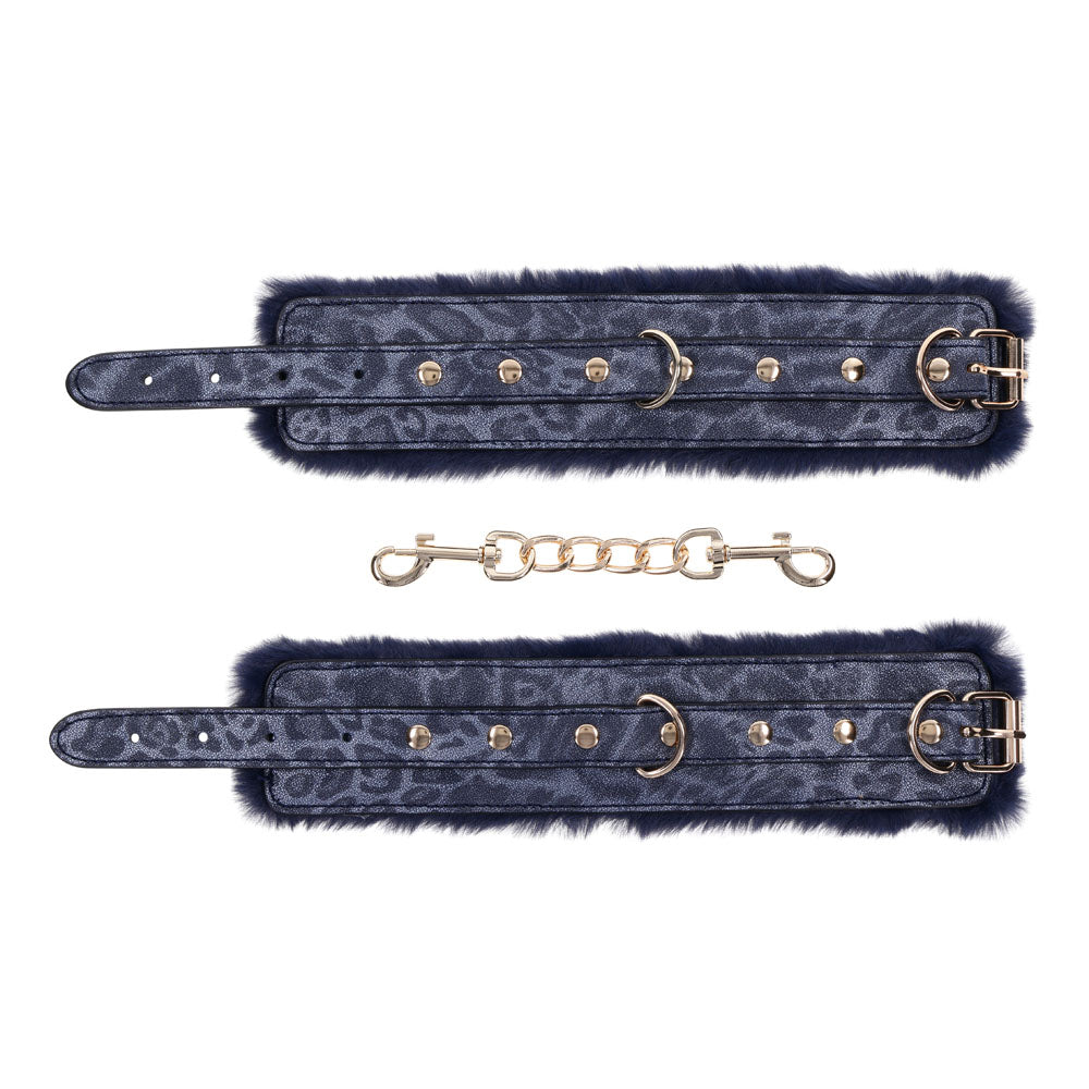 Sex & Mischief Cougar Fur Handcuffs - Navy /Gold