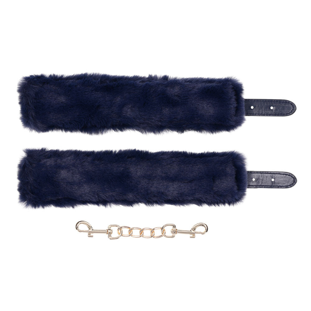 Sex & Mischief Cougar Fur Handcuffs - Navy /Gold