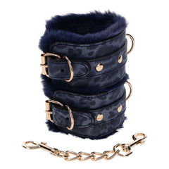 Sex & Mischief Cougar Fur Handcuffs - Navy /Gold