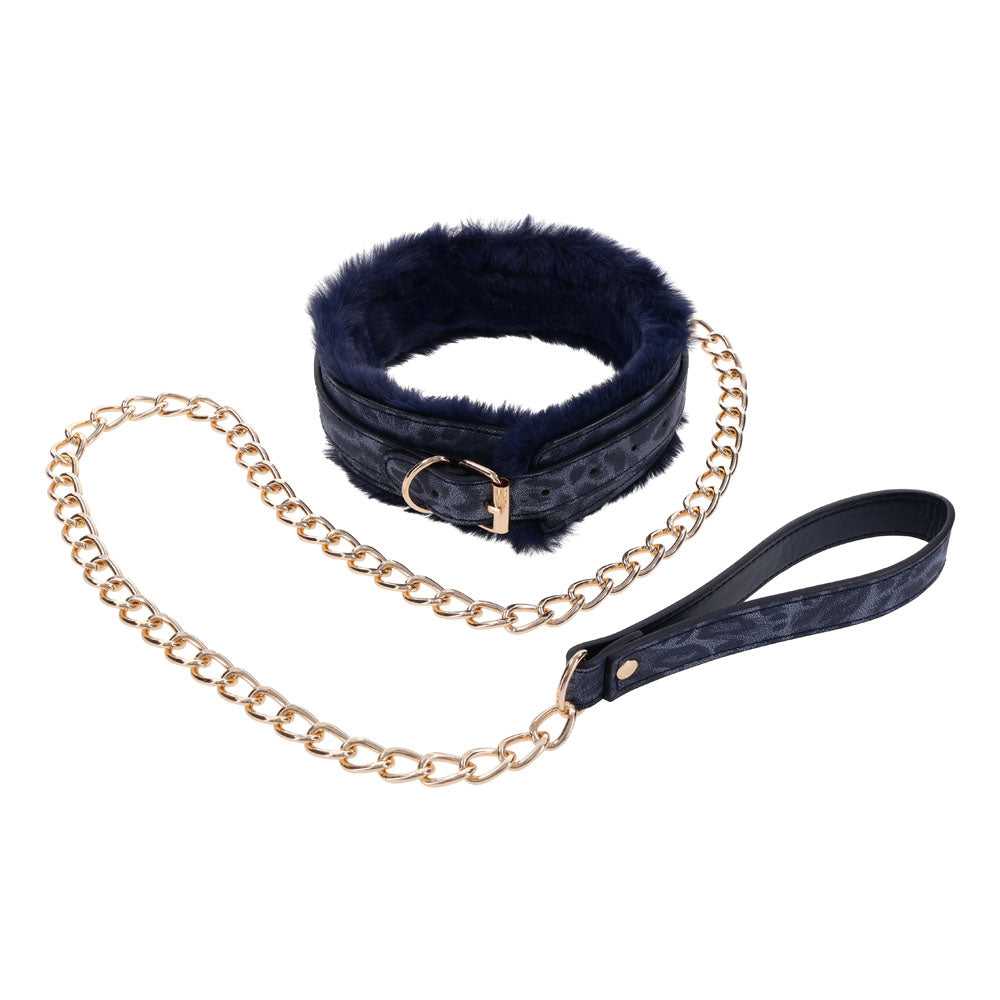 Sex & Mischief Cougar Fur Collar & Leash - Navy /Gold Furry Restraint