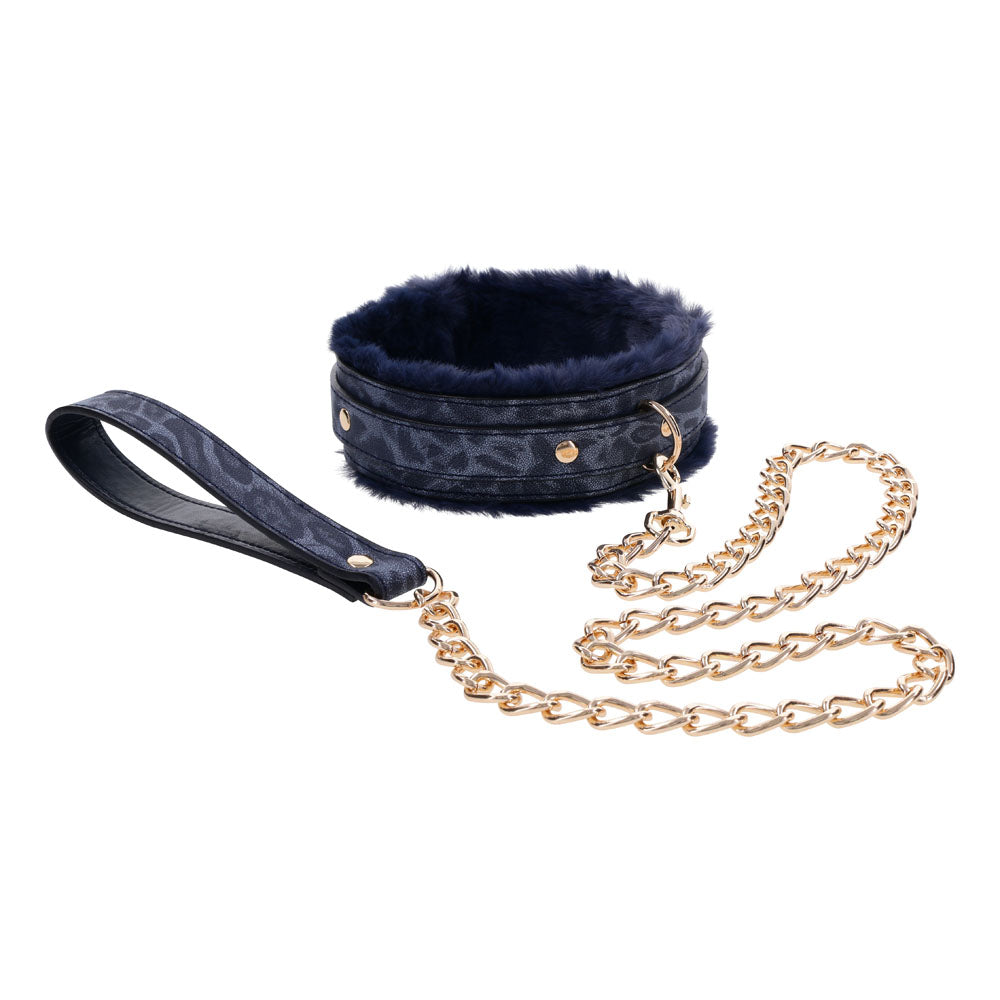 Sex & Mischief Cougar Fur Collar & Leash - Navy /Gold Furry Restraint