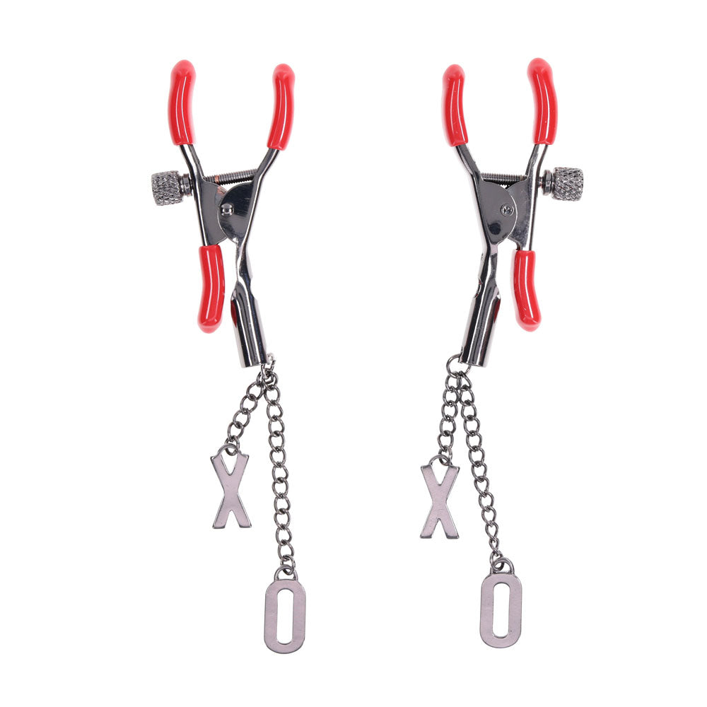S&M Exs and Ohs Nipple Clamps Tipped Metal Nipple Clamps Set of 2 Nipple Clamps