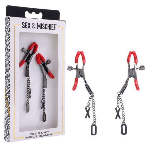S&M Exs and Ohs Nipple Clamps Tipped Metal Nipple Clamps Set of 2 Red Nipple Clamps
