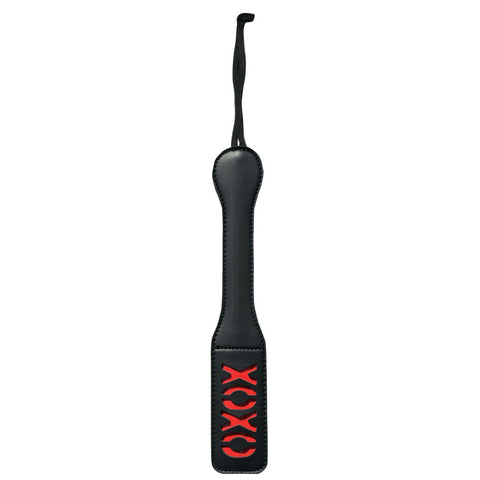 Sex & Mischief XOXO Black Vinyl Paddle with Red Cheeky Design, 30 cm Length, Includes matching Wrist Strap Black Whips & Paddles