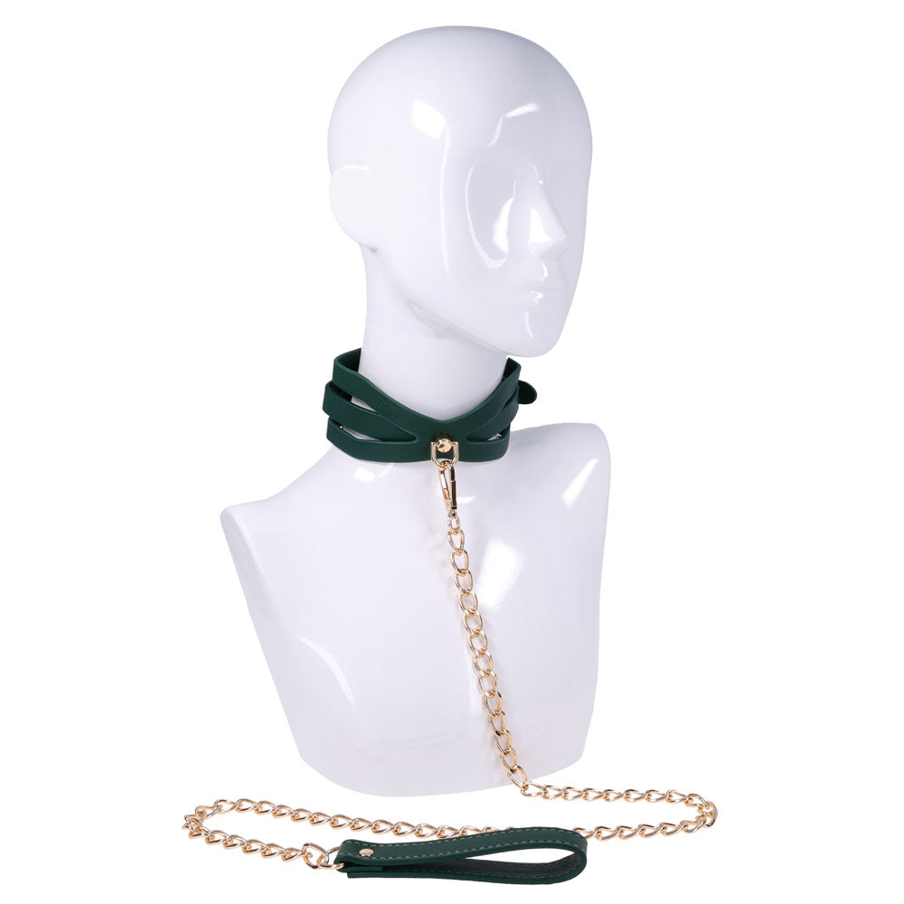 Sex & Mischief Indica Cutout Collar and Leash (Emerald Green/Gold) – Luxury Restraint Set Secondary image