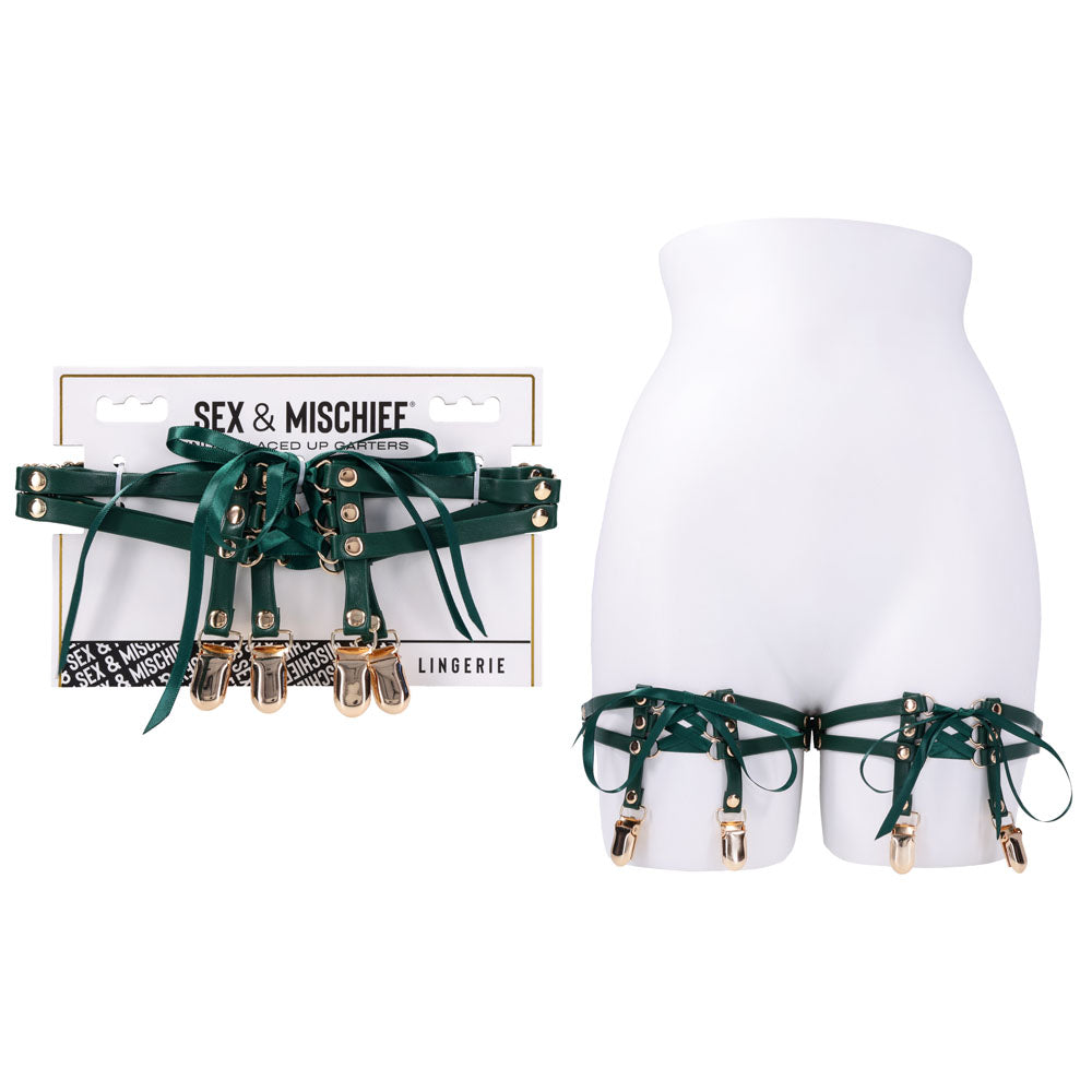 Sex & Mischief Indica Laced Up Garters (Gold) – Set of 2 Adjustable Garters Green > Clothes > Hosiery > Garterbelt Sets