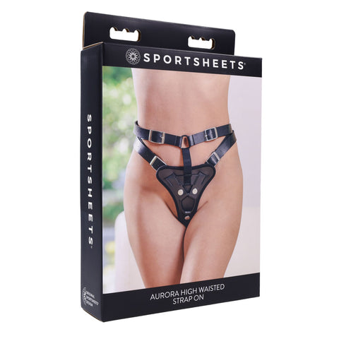 Sportsheets Aurora High Waisted Strap On Adjustable Strap-On Harness No Probe Included Black Size Up to 60 Inches Hip STRAP-ONS