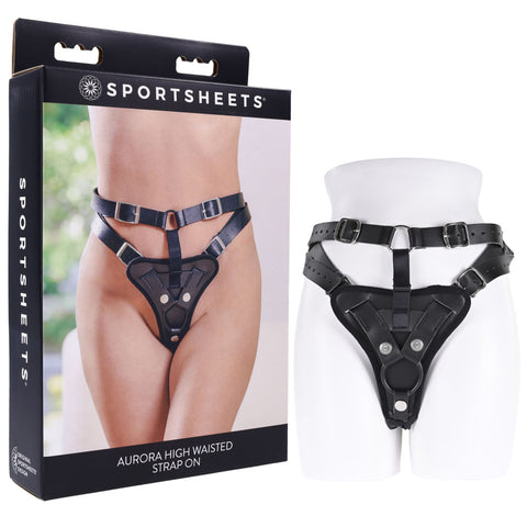 Sportsheets Aurora High Waisted Strap On Adjustable Strap-On Harness No Probe Included Black Size Up to 60 Inches Hip Black STRAP-ONS