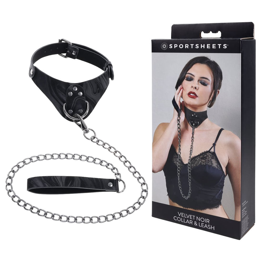 Sportsheets Velvet Noir Collar and Leash with Removable Chain and Faux Leather Handle - Elegant Restraint and Leash for Adults Black BONDAGE-TOYS